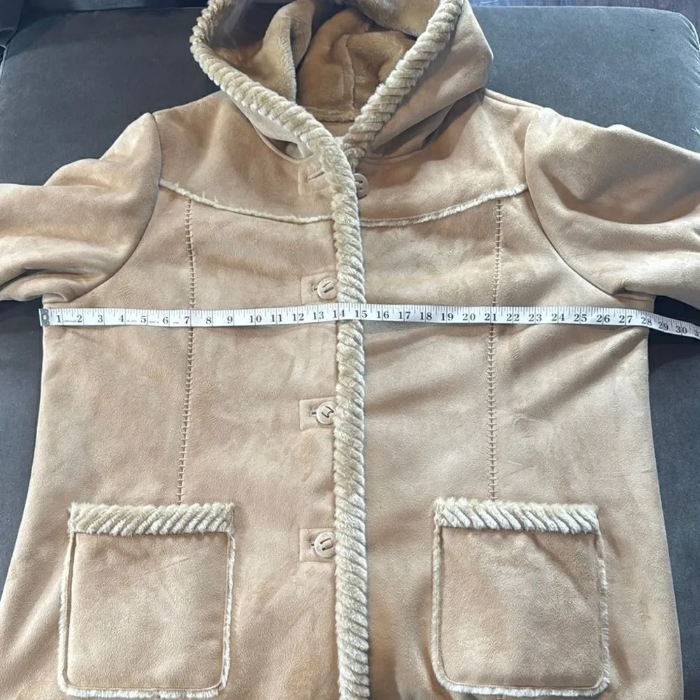 Women’s Vintage St John’s Bay Tan Faux Suede Hooded Coat Faux Fur Lined Size L